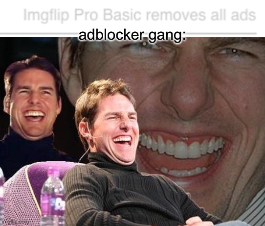don't worry, i'll go whitelist it after posting it, site dev(s) still deserve the money :) | adblocker gang: | image tagged in tom cruise laugh,ads,adblock | made w/ Imgflip meme maker