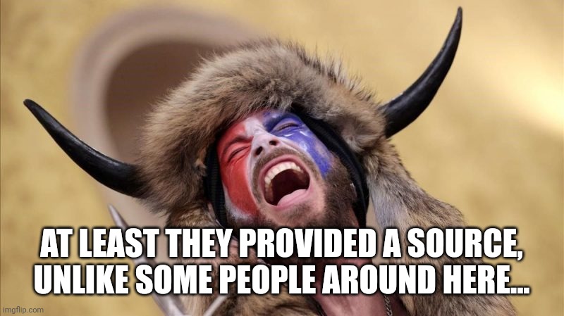 qanon shaman | AT LEAST THEY PROVIDED A SOURCE, UNLIKE SOME PEOPLE AROUND HERE... | image tagged in qanon shaman | made w/ Imgflip meme maker