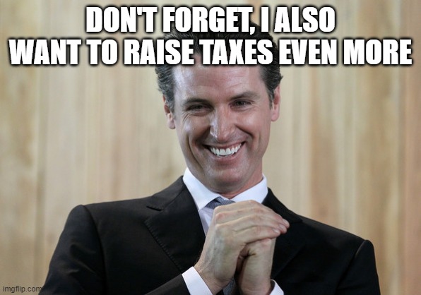 Scheming Gavin Newsom  | DON'T FORGET, I ALSO WANT TO RAISE TAXES EVEN MORE | image tagged in scheming gavin newsom | made w/ Imgflip meme maker