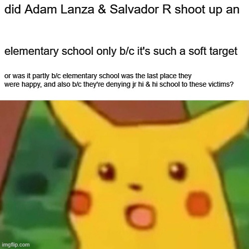 no sympathy for these murderers, just trying to understand their psyches | did Adam Lanza & Salvador R shoot up an; elementary school only b/c it's such a soft target; or was it partly b/c elementary school was the last place they were happy, and also b/c they're denying jr hi & hi school to these victims? | image tagged in memes,surprised pikachu | made w/ Imgflip meme maker