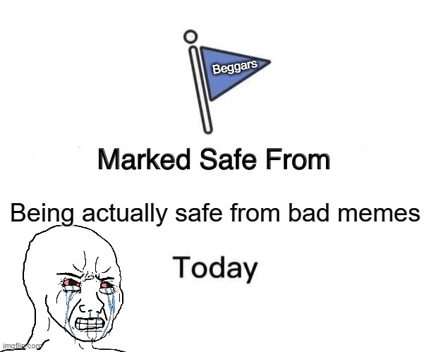 OH NO. | Beggars; Being actually safe from bad memes | image tagged in memes,marked safe from | made w/ Imgflip meme maker