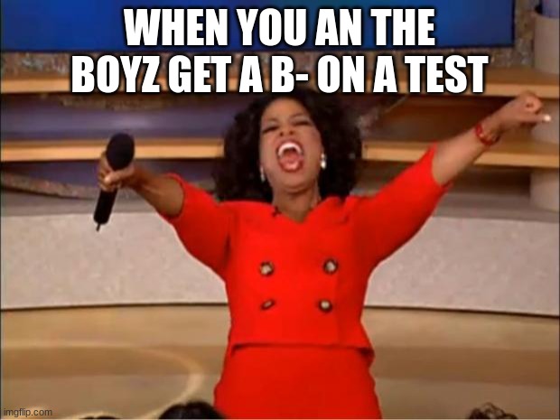 Oprah You Get A | WHEN YOU AN THE BOYZ GET A B- ON A TEST | image tagged in memes,oprah you get a | made w/ Imgflip meme maker