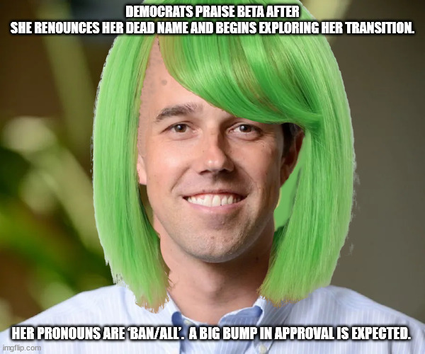 DEMOCRATS PRAISE BETA AFTER SHE RENOUNCES HER DEAD NAME AND BEGINS EXPLORING HER TRANSITION. HER PRONOUNS ARE ‘BAN/ALL’.  A BIG BUMP IN APPROVAL IS EXPECTED. | made w/ Imgflip meme maker