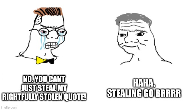noooo you can't just | NO. YOU CANT JUST STEAL MY RIGHTFULLY STOLEN QUOTE! HAHA, STEALING GO BRRRR | image tagged in noooo you can't just | made w/ Imgflip meme maker