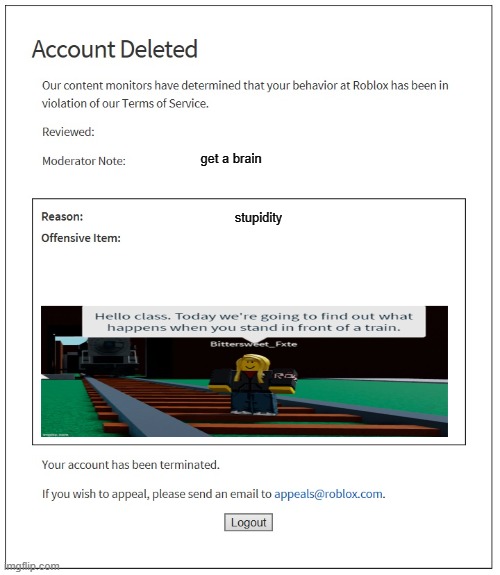 *smacks face* | get a brain; stupidity | image tagged in banned from roblox,bruh moment,roblox meme | made w/ Imgflip meme maker