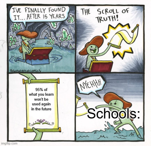 Waste of years | 95% of what you learn won't be used again in the future; Schools: | image tagged in memes,the scroll of truth,school meme,useless | made w/ Imgflip meme maker