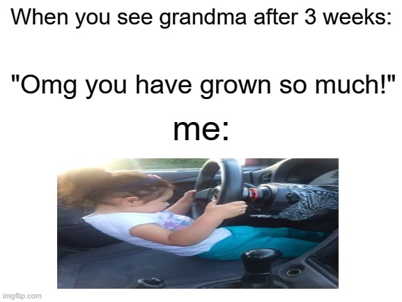 idk a title | When you see grandma after 3 weeks:; "Omg you have grown so much!"; me: | image tagged in blank white template,relatable memes | made w/ Imgflip meme maker