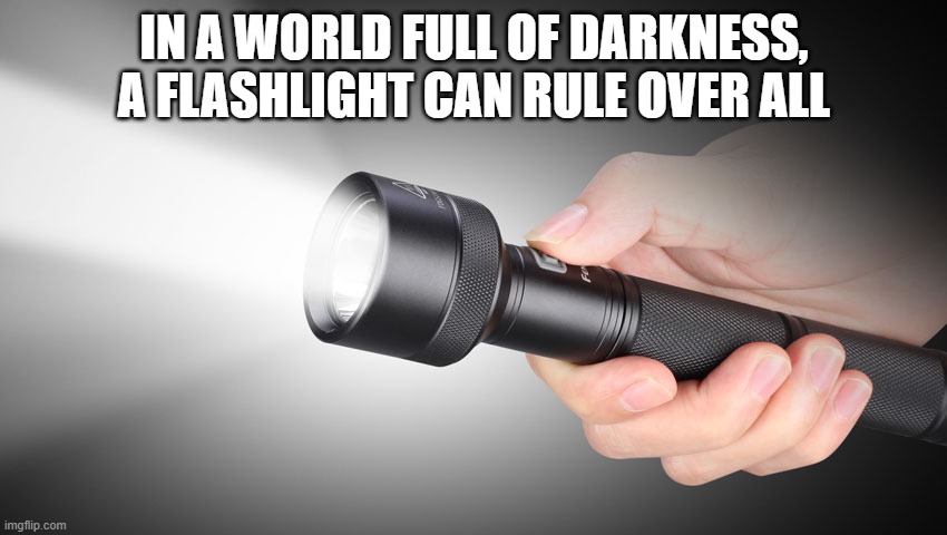 Walk toward the light | IN A WORLD FULL OF DARKNESS, A FLASHLIGHT CAN RULE OVER ALL | image tagged in flashlight,walk to the light,one light to run them all,real power comes with responsibility,illuminate someone,be a light | made w/ Imgflip meme maker