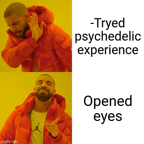 -No lesser meaning. | -Tryed psychedelic experience; Opened eyes | image tagged in memes,drake hotline bling,psychedelics,experience,open door,don't do drugs | made w/ Imgflip meme maker