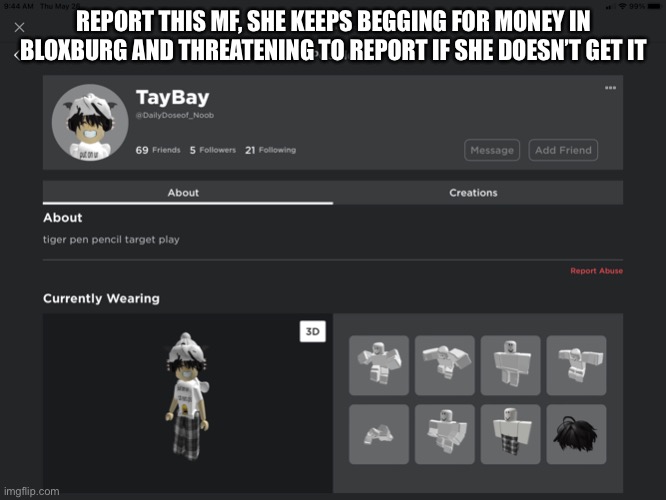 REPORT THIS MF, SHE KEEPS BEGGING FOR MONEY IN BLOXBURG AND THREATENING TO REPORT IF SHE DOESN’T GET IT | made w/ Imgflip meme maker