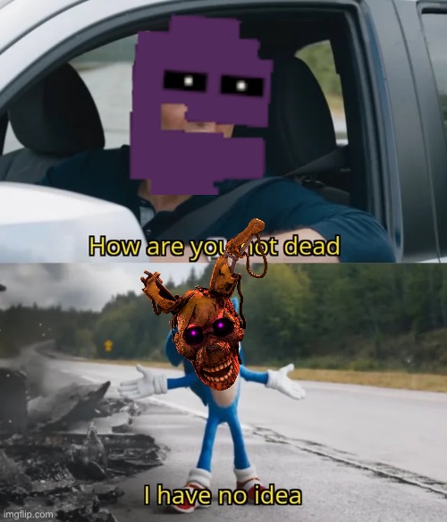 FNAF in a nutshell | image tagged in sonic i have no idea,fnaf,purple guy | made w/ Imgflip meme maker