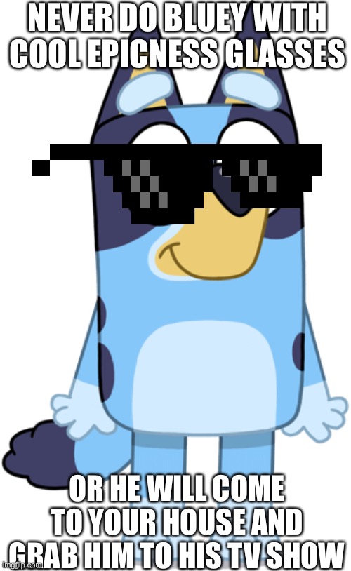 dont do it | NEVER DO BLUEY WITH COOL EPICNESS GLASSES; OR HE WILL COME TO YOUR HOUSE AND GRAB HIM TO HIS TV SHOW | image tagged in bluey,die | made w/ Imgflip meme maker