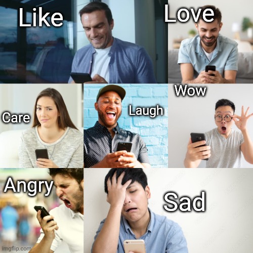 Facebook Reactions Explained | Love; Like; Wow; Care; Laugh; Angry; Sad | image tagged in facebook,reactions,memes | made w/ Imgflip meme maker
