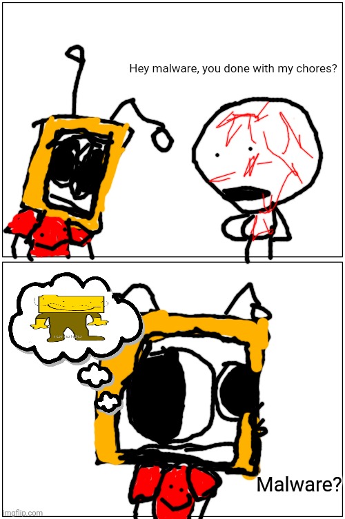 Malware and Bob the murderer | Hey malware, you done with my chores? Malware? | image tagged in memes,blank comic panel 1x2 | made w/ Imgflip meme maker
