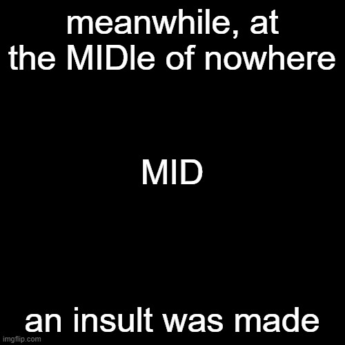 Blank Transparent Square | meanwhile, at the MIDle of nowhere; MID; an insult was made | image tagged in memes,blank transparent square | made w/ Imgflip meme maker