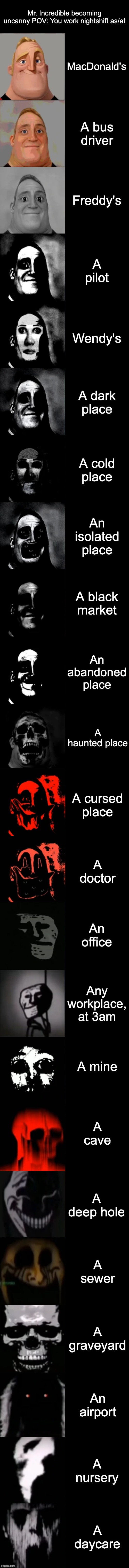 Mr. Incredible becoming uncanny POV: You work nightshift as/at | Mr. Incredible becoming uncanny POV: You work nightshift as/at; MacDonald's; A bus driver; Freddy's; A pilot; Wendy's; A dark place; A cold place; An isolated place; A black market; An abandoned place; A haunted place; A cursed place; A doctor; An office; Any workplace, at 3am; A mine; A cave; A deep hole; A sewer; A graveyard; An airport; A nursery; A daycare | image tagged in mr incredible becoming uncanny extended hd | made w/ Imgflip meme maker