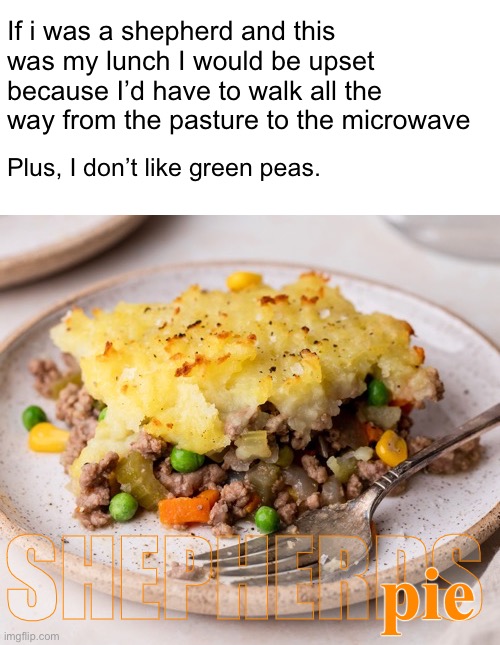 Impractical | If i was a shepherd and this was my lunch I would be upset because I’d have to walk all the way from the pasture to the microwave; Plus, I don’t like green peas. SHEPHERDS; pie | image tagged in funny memes | made w/ Imgflip meme maker