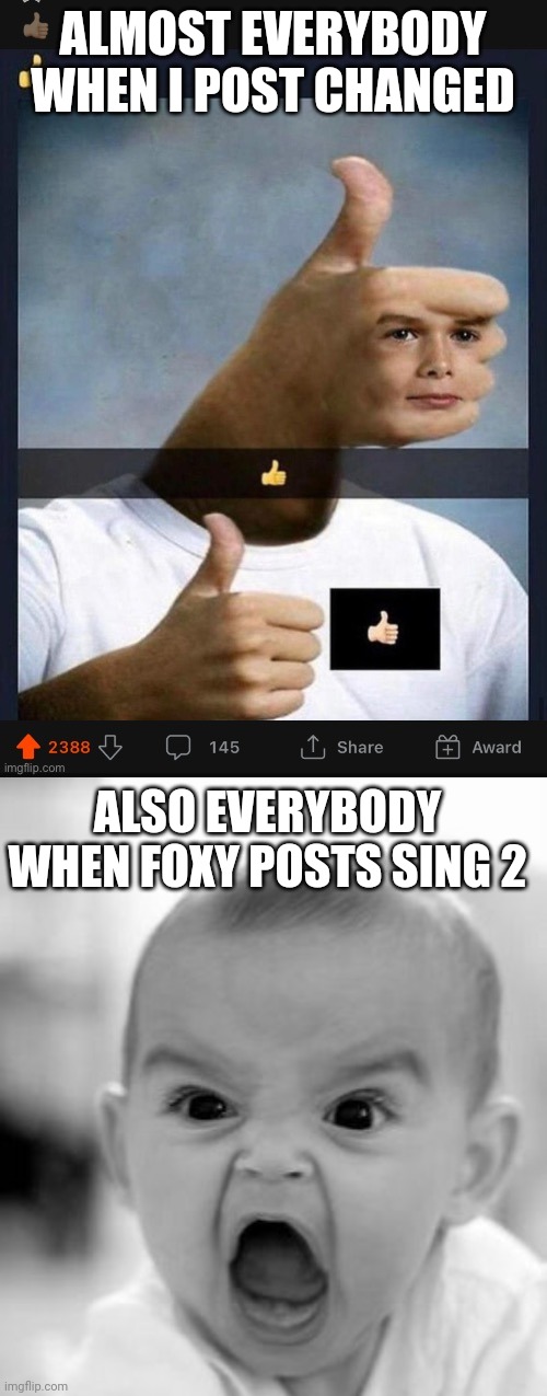 I could never even begin to understand this place |  ALMOST EVERYBODY WHEN I POST CHANGED; ALSO EVERYBODY WHEN FOXY POSTS SING 2 | image tagged in memes,angry baby | made w/ Imgflip meme maker