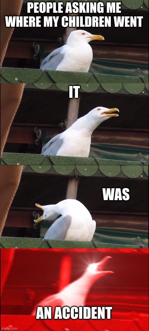 IT WAS AN ACCIDENT | PEOPLE ASKING ME WHERE MY CHILDREN WENT; IT; WAS; AN ACCIDENT | image tagged in memes,inhaling seagull | made w/ Imgflip meme maker