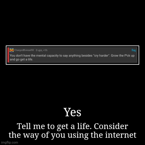Yes | Tell me to get a life. Consider the way of you using the internet | image tagged in funny,demotivationals | made w/ Imgflip demotivational maker