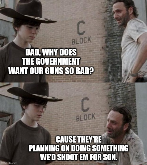 That's exactly why. | DAD, WHY DOES THE GOVERNMENT WANT OUR GUNS SO BAD? CAUSE THEY'RE PLANNING ON DOING SOMETHING WE'D SHOOT EM FOR SON. | image tagged in memes,rick and carl | made w/ Imgflip meme maker