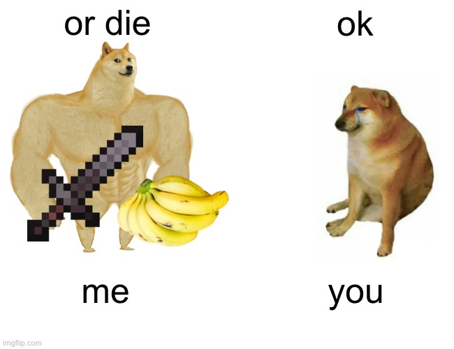 gimme ur bananas… | or die ok me you | image tagged in memes,buff doge vs cheems | made w/ Imgflip meme maker