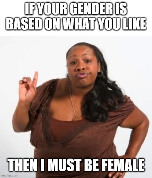 sassy black woman | IF YOUR GENDER IS BASED ON WHAT YOU LIKE; THEN I MUST BE FEMALE | image tagged in sassy black woman | made w/ Imgflip meme maker