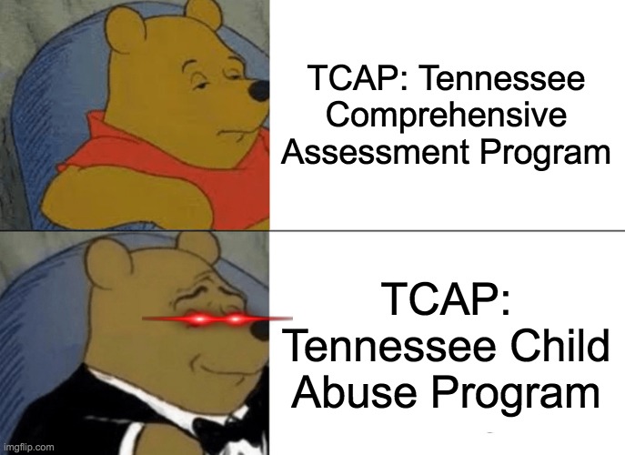Teachers be like: | TCAP: Tennessee Comprehensive Assessment Program; TCAP: Tennessee Child Abuse Program | image tagged in memes,tuxedo winnie the pooh | made w/ Imgflip meme maker