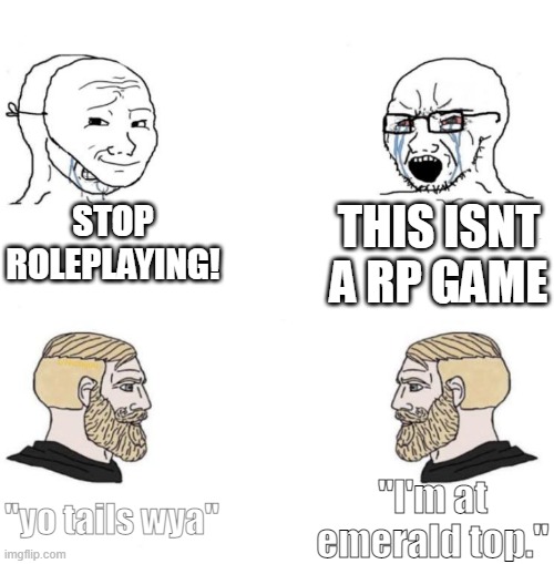 pov: you tried to rp in a non rp game | STOP ROLEPLAYING! THIS ISNT A RP GAME; "I'm at emerald top."; "yo tails wya" | image tagged in chad we know | made w/ Imgflip meme maker