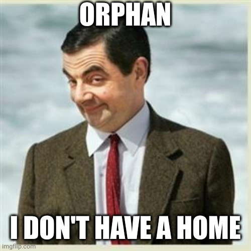 Mr Bean Smirk | ORPHAN I DON'T HAVE A HOME | image tagged in mr bean smirk | made w/ Imgflip meme maker
