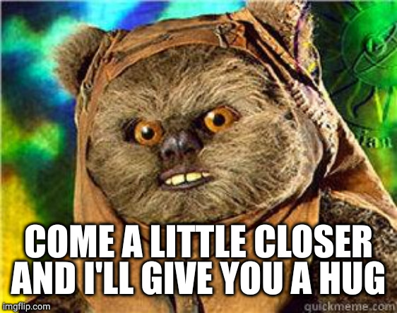 rape ewok | COME A LITTLE CLOSER AND I'LL GIVE YOU A HUG | image tagged in rape ewok | made w/ Imgflip meme maker