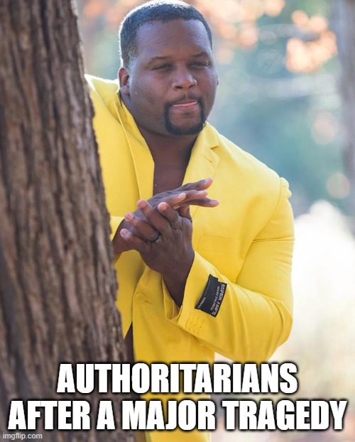 Tragic Authoritarians | AUTHORITARIANS AFTER A MAJOR TRAGEDY | image tagged in anthony adams rubbing hands | made w/ Imgflip meme maker