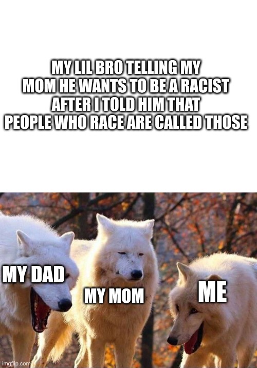 MY LIL BRO TELLING MY MOM HE WANTS TO BE A RACIST AFTER I TOLD HIM THAT PEOPLE WHO RACE ARE CALLED THOSE; MY DAD; ME; MY MOM | image tagged in blank white template,laughing wolf,noice | made w/ Imgflip meme maker