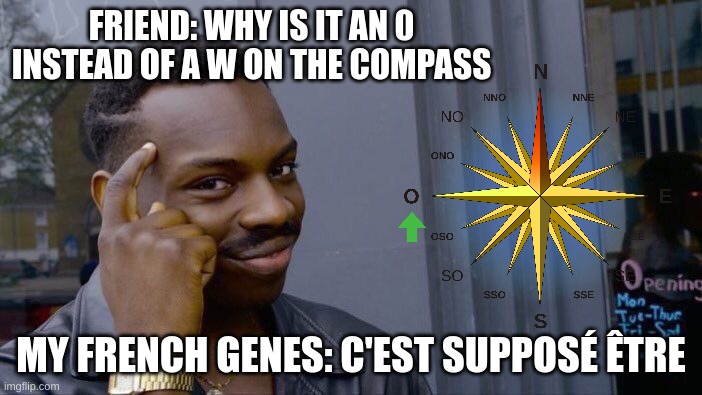 Roll Safe Think About It Meme | FRIEND: WHY IS IT AN 0 INSTEAD OF A W ON THE COMPASS; MY FRENCH GENES: C'EST SUPPOSÉ ÊTRE | image tagged in memes,roll safe think about it | made w/ Imgflip meme maker