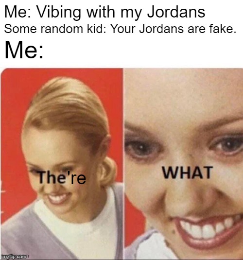 THEY'RE WHAT?! | Me: Vibing with my Jordans; Some random kid: Your Jordans are fake. Me:; 're | image tagged in the what | made w/ Imgflip meme maker