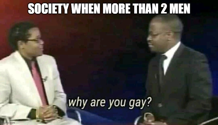 Why are you gay? | SOCIETY WHEN MORE THAN 2 MEN | image tagged in why are you gay | made w/ Imgflip meme maker
