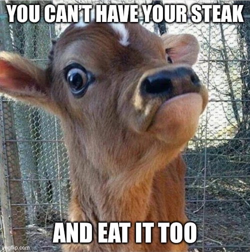 Steak | YOU CAN’T HAVE YOUR STEAK; AND EAT IT TOO | image tagged in curious calf,eat it,steak,vegan | made w/ Imgflip meme maker