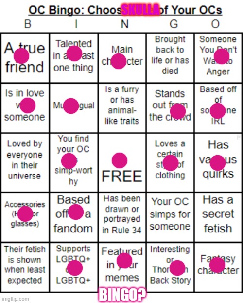 TheSuitedGayWeeb's OC Bingo | SKULLA; BINGO? | image tagged in jer-sama's oc bingo | made w/ Imgflip meme maker