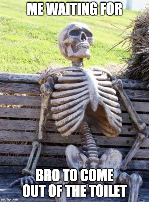 Waiting Skeleton | ME WAITING FOR; BRO TO COME OUT OF THE TOILET | image tagged in memes,waiting skeleton | made w/ Imgflip meme maker