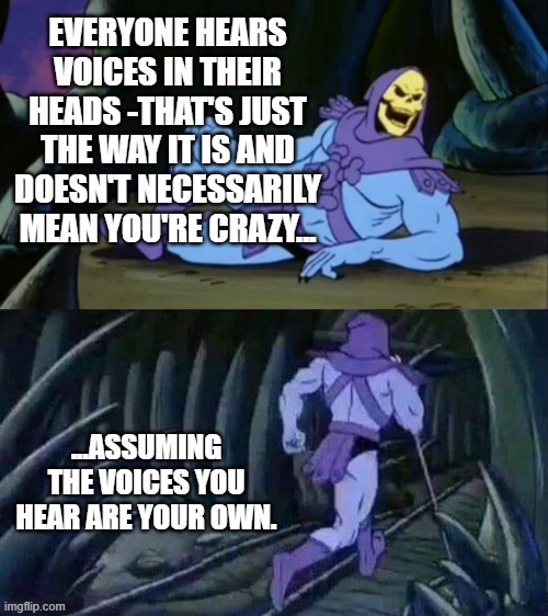 Skeletor disturbing facts | EVERYONE HEARS VOICES IN THEIR HEADS -THAT'S JUST THE WAY IT IS AND DOESN'T NECESSARILY MEAN YOU'RE CRAZY... ...ASSUMING THE VOICES YOU HEAR ARE YOUR OWN. | image tagged in skeletor disturbing facts | made w/ Imgflip meme maker