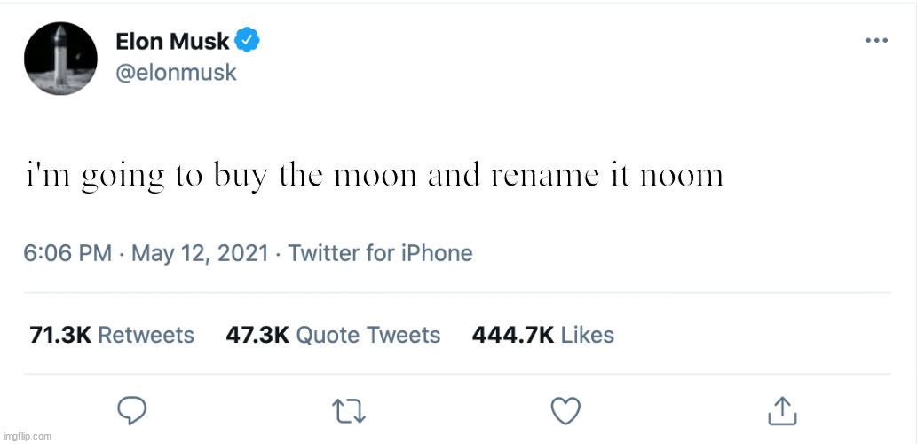 Elon Musk Blank Tweet | i'm going to buy the moon and rename it noom | image tagged in elon musk blank tweet | made w/ Imgflip meme maker