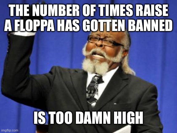 Oh | THE NUMBER OF TIMES RAISE A FLOPPA HAS GOTTEN BANNED; IS TOO DAMN HIGH | image tagged in memes,too damn high | made w/ Imgflip meme maker