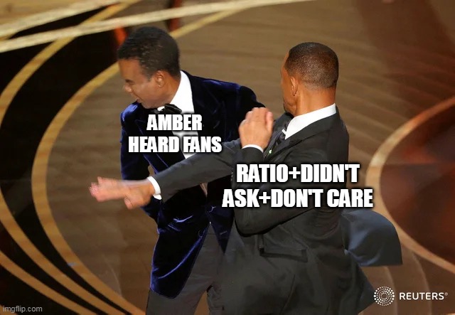 When Twitter Fans Become Useful | AMBER HEARD FANS; RATIO+DIDN'T ASK+DON'T CARE | image tagged in will smith punching chris rock | made w/ Imgflip meme maker