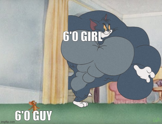 When something is the same but different. | 6'0 GIRL; 6'0 GUY | image tagged in buff tom and jerry meme template,funny | made w/ Imgflip meme maker