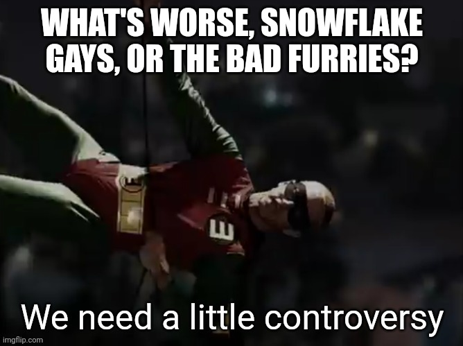 We need a little controversy | WHAT'S WORSE, SNOWFLAKE GAYS, OR THE BAD FURRIES? | image tagged in we need a little controversy | made w/ Imgflip meme maker