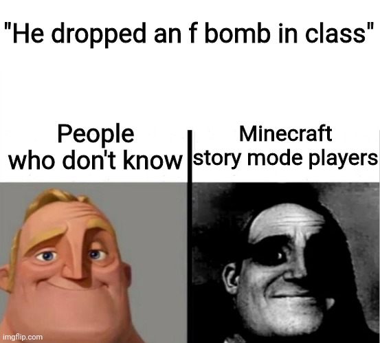 Yall rember ? | "He dropped an f bomb in class"; Minecraft story mode players; People who don't know | image tagged in teacher's copy,minecraft,memes | made w/ Imgflip meme maker