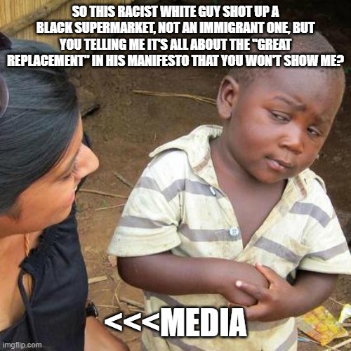 Sick evil anti-immigrants don't go to black cities and kill blacks | SO THIS RACIST WHITE GUY SHOT UP A BLACK SUPERMARKET, NOT AN IMMIGRANT ONE, BUT YOU TELLING ME IT'S ALL ABOUT THE "GREAT REPLACEMENT" IN HIS MANIFESTO THAT YOU WON'T SHOW ME? <<<MEDIA | image tagged in memes,third world skeptical kid | made w/ Imgflip meme maker