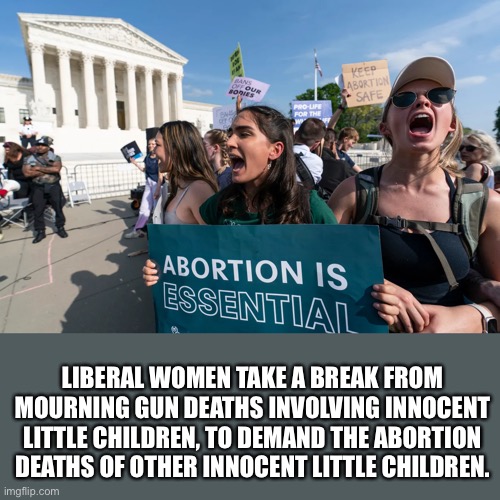 Liberals have sick, twisted minds. | LIBERAL WOMEN TAKE A BREAK FROM MOURNING GUN DEATHS INVOLVING INNOCENT LITTLE CHILDREN, TO DEMAND THE ABORTION DEATHS OF OTHER INNOCENT LITTLE CHILDREN. | image tagged in everything is political,even life itself | made w/ Imgflip meme maker