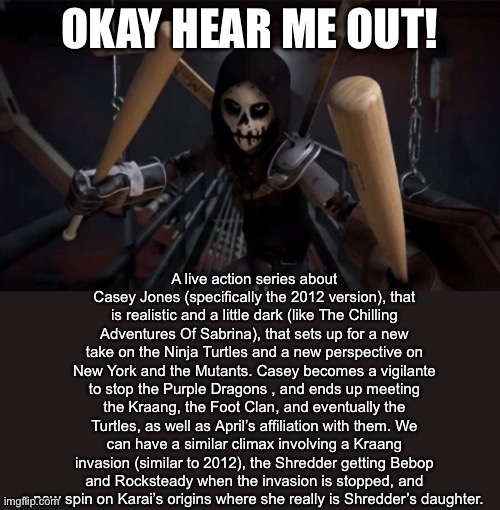 This could work though | OKAY HEAR ME OUT! A live action series about Casey Jones (specifically the 2012 version), that is realistic and a little dark (like The Chilling Adventures Of Sabrina), that sets up for a new take on the Ninja Turtles and a new perspective on New York and the Mutants. Casey becomes a vigilante to stop the Purple Dragons , and ends up meeting the Kraang, the Foot Clan, and eventually the Turtles, as well as April’s affiliation with them. We can have a similar climax involving a Kraang invasion (similar to 2012), the Shredder getting Bebop and Rocksteady when the invasion is stopped, and a new spin on Karai’s origins where she really is Shredder’s daughter. | image tagged in 2012 casey jones | made w/ Imgflip meme maker