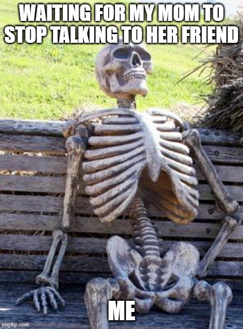 Waiting Skeleton | WAITING FOR MY MOM TO STOP TALKING TO HER FRIEND; ME | image tagged in memes,waiting skeleton | made w/ Imgflip meme maker